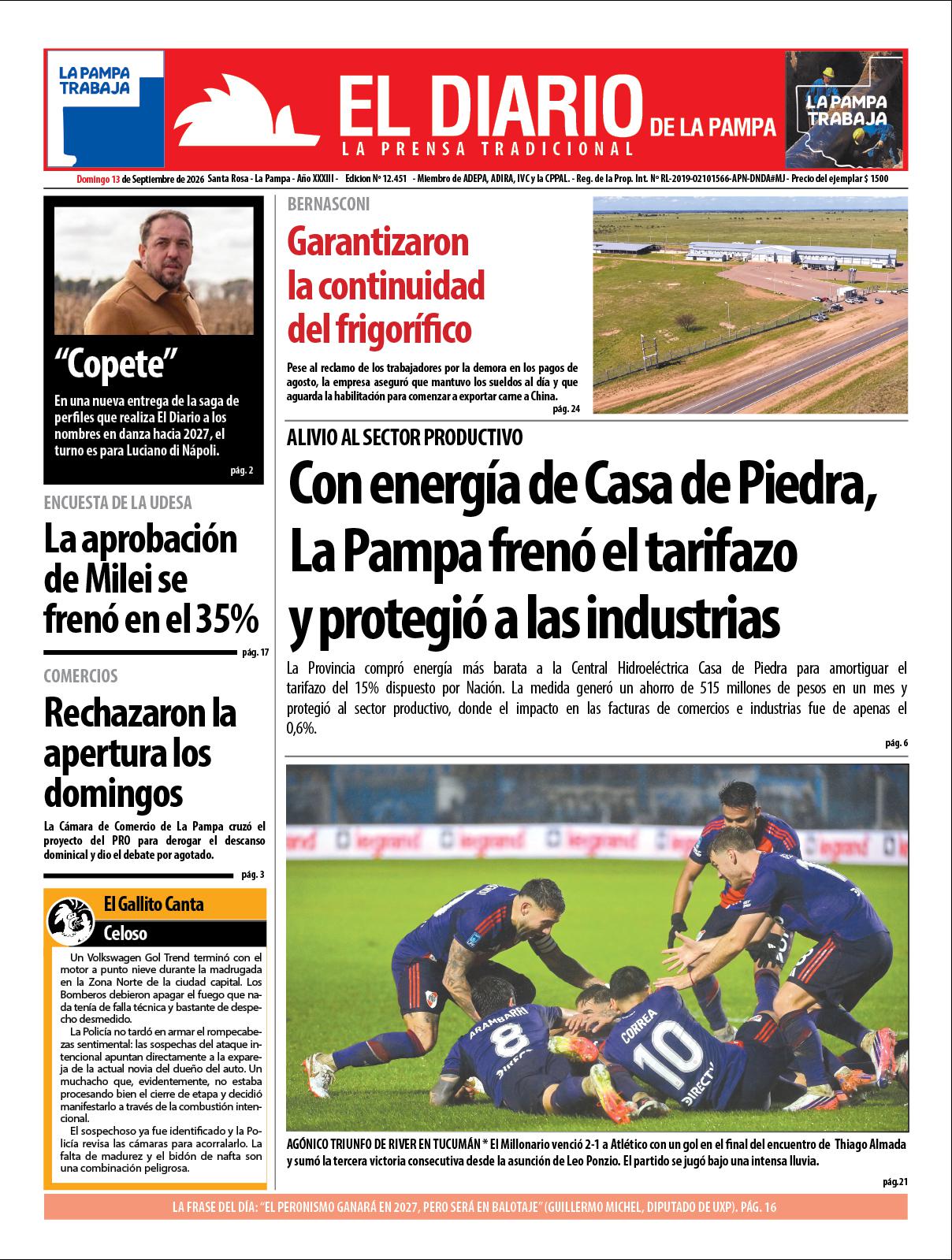 Tapa de El Diario en papel  domingo 13 de septiembre de 2026